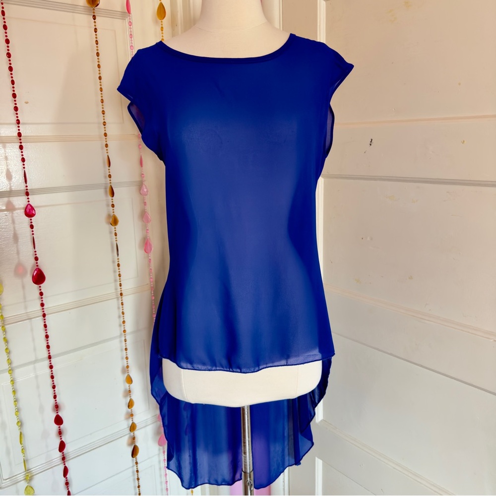 POETRY Cobalt Blue Sheer Hi Low Open Back Blouse M Y2K